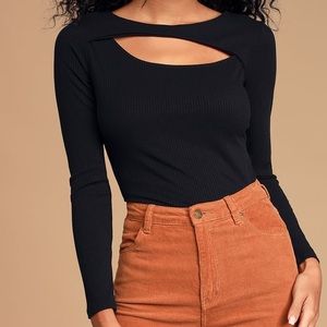 Lulus - So Close Black Ribbed Cutout Long Sleeve Top - Size Medium